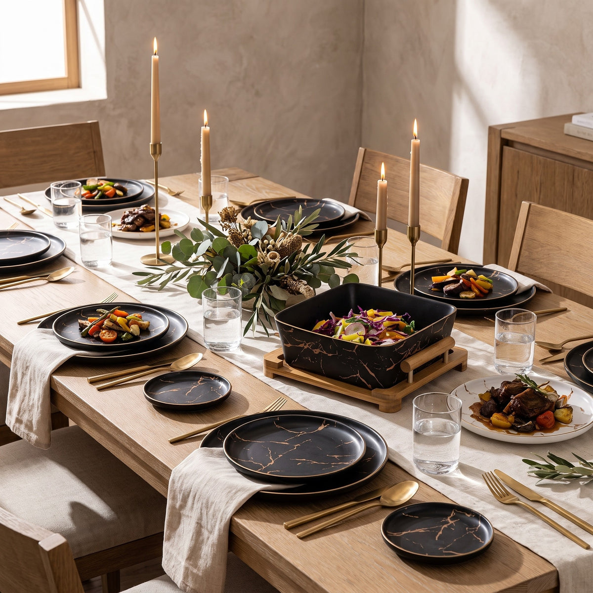 European Serving Bowl with Wooden Base (Black) — lifestyle