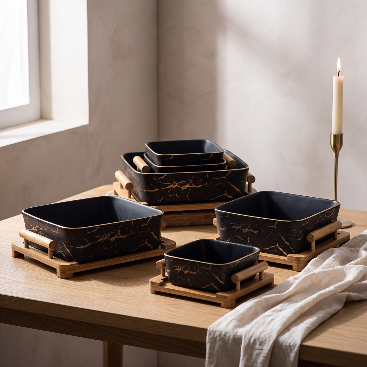European Serving Bowl with Wooden Base (Black) — lifestyle