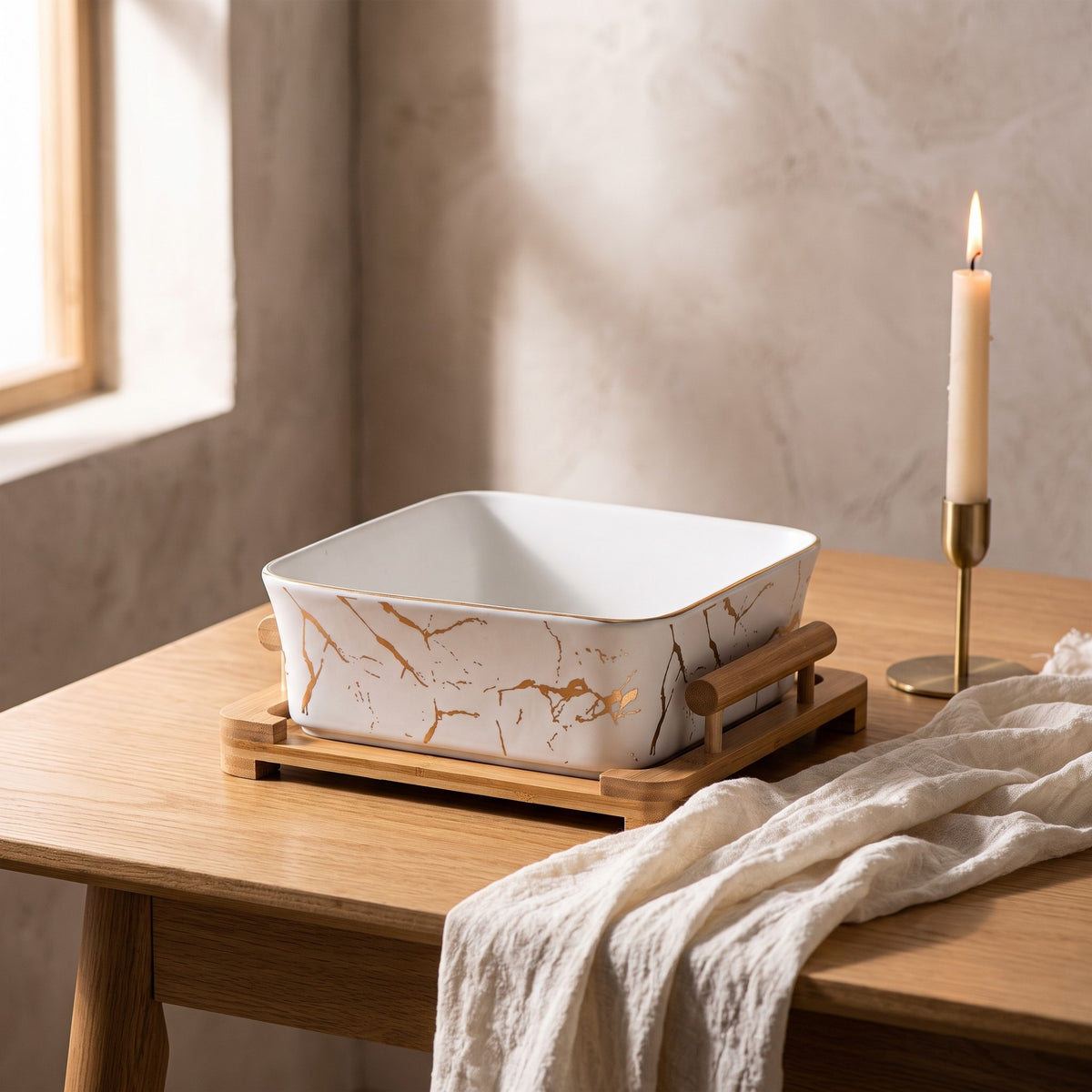 European Serving Bowl with Wooden Base (White) — lifestyle