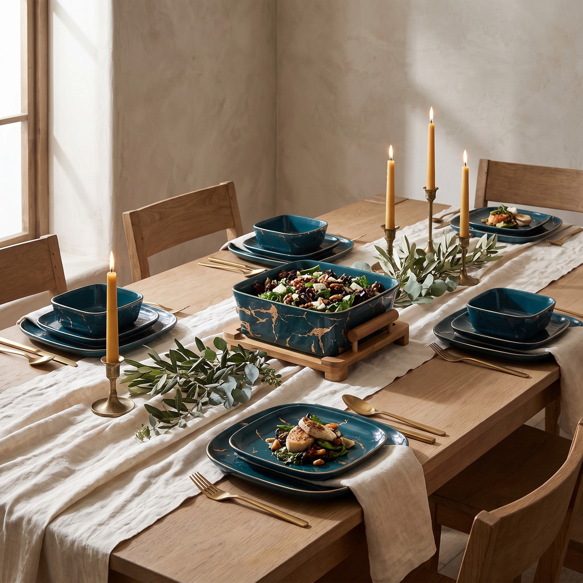 European Serving Bowl (Green) styled in a fine-dining tablescape