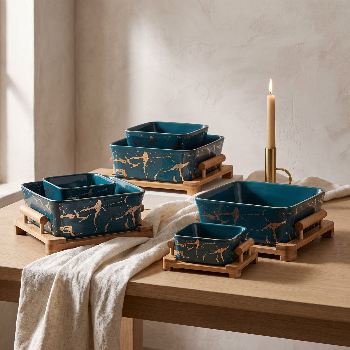 European Serving Bowl with Wooden Base (Green) — lifestyle