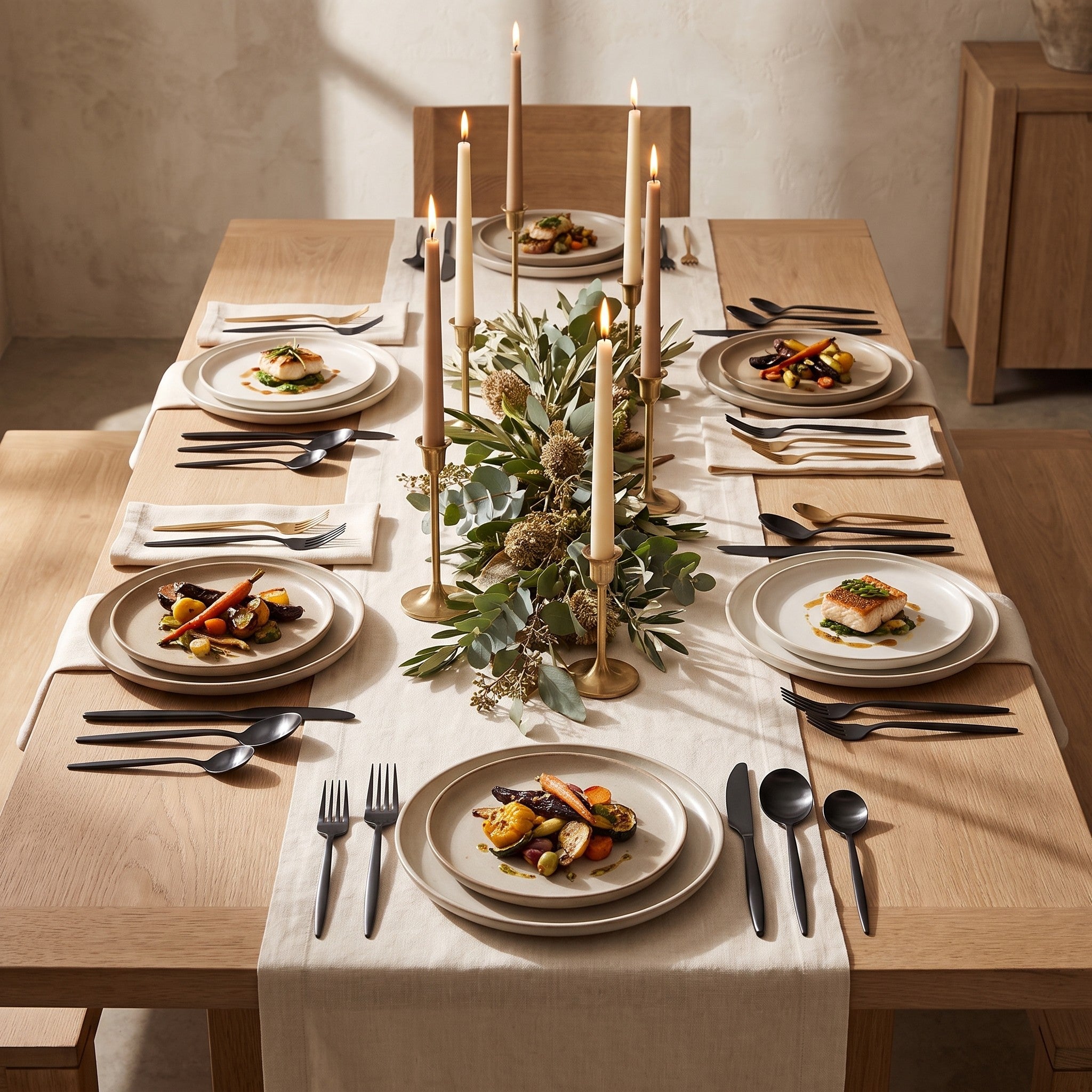 Spain Set matte black flatware in a fine-dining tablescape