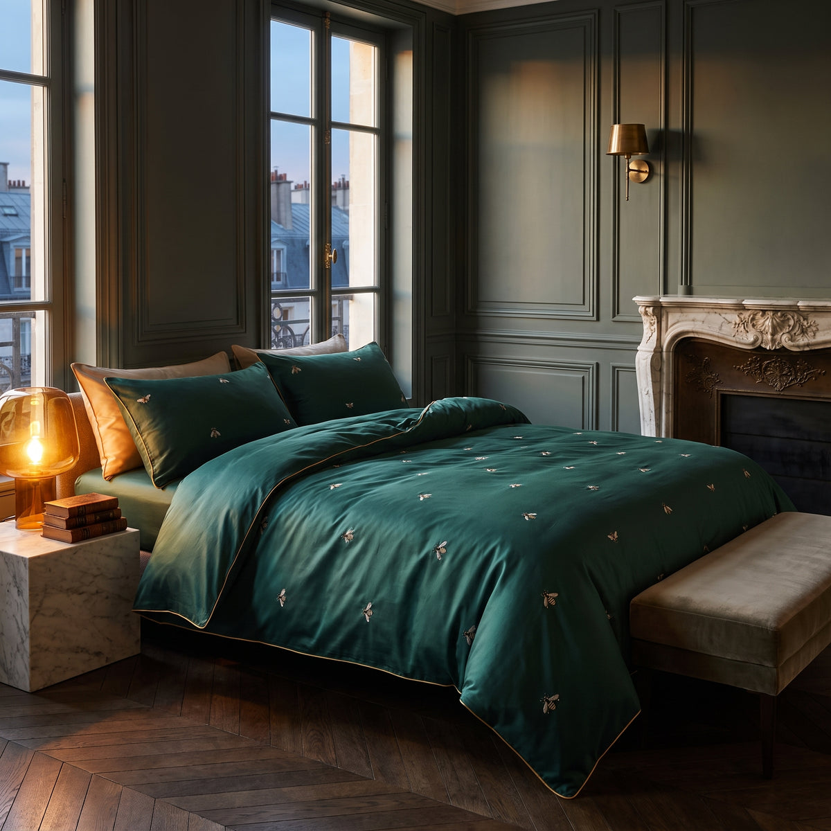 Bee Green Duvet Cover Set (Long-staple Sateen Cotton) — lifestyle