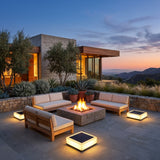 Flat Out Lights around an outdoor fire pit seating area at dusk