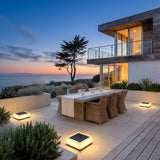 Flat Out Lights lighting an outdoor dining terrace at dusk