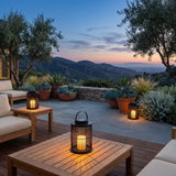 Lantern Sora Weave lanterns moved around an outdoor lounge setting at dusk