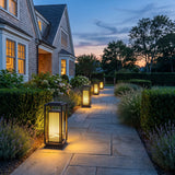 Cage Post Light (Outdoor Solar) lighting a stone garden path at dusk