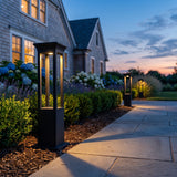 Nimbus Quad Solar Light glowing among garden planting at dusk