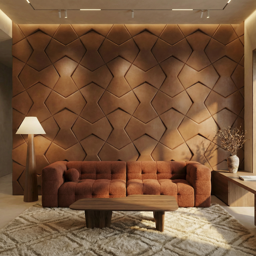Bowtie Geometric 3D Leather Wall Panel in Maroon Brown