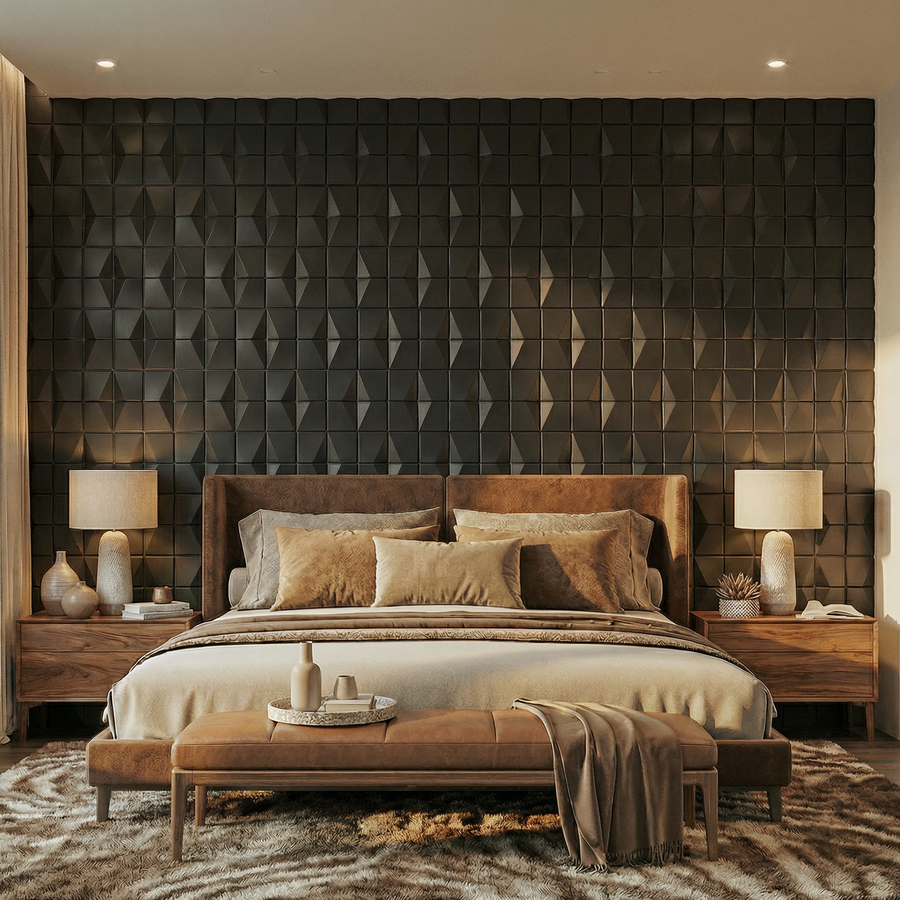 Flawless Square 3D Leather Wall Panel in Black