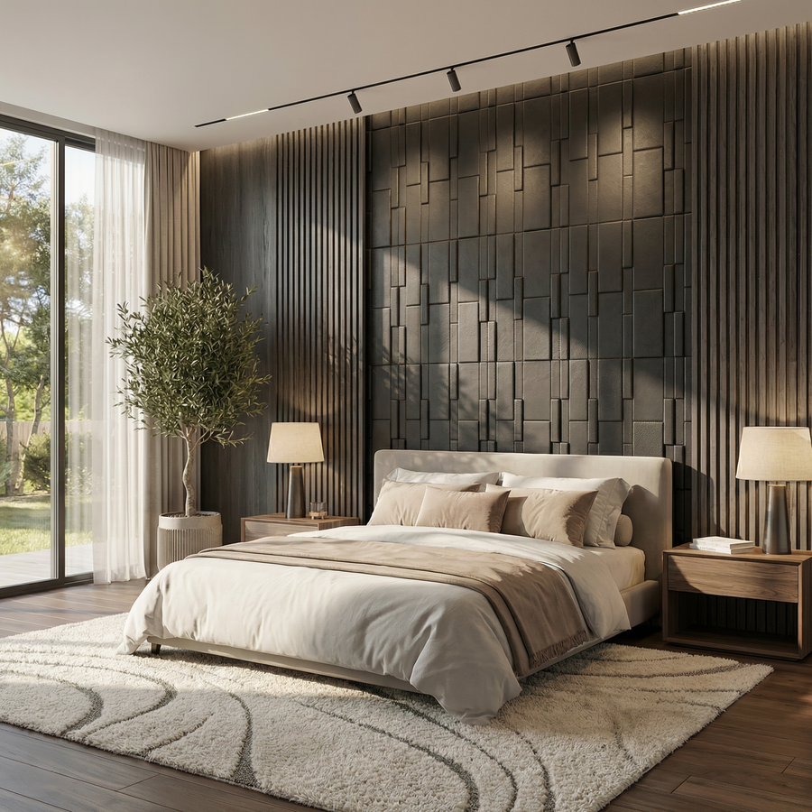Flux Square 3D Leather Wall Panel in Black