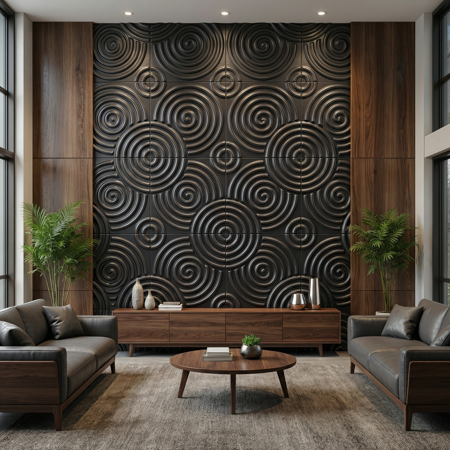 Hypnotized Square 3D Leather Wall Panel in Black