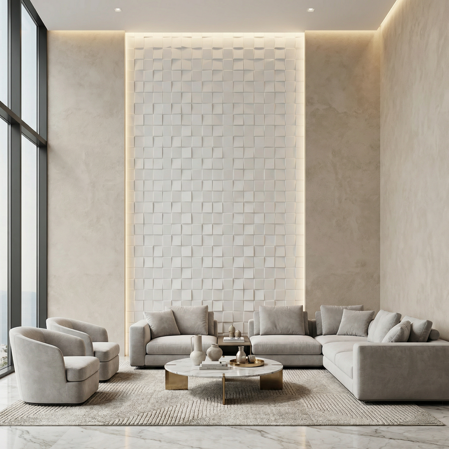 Ubiquitous Square 3D Leather Wall Panel in Classic White