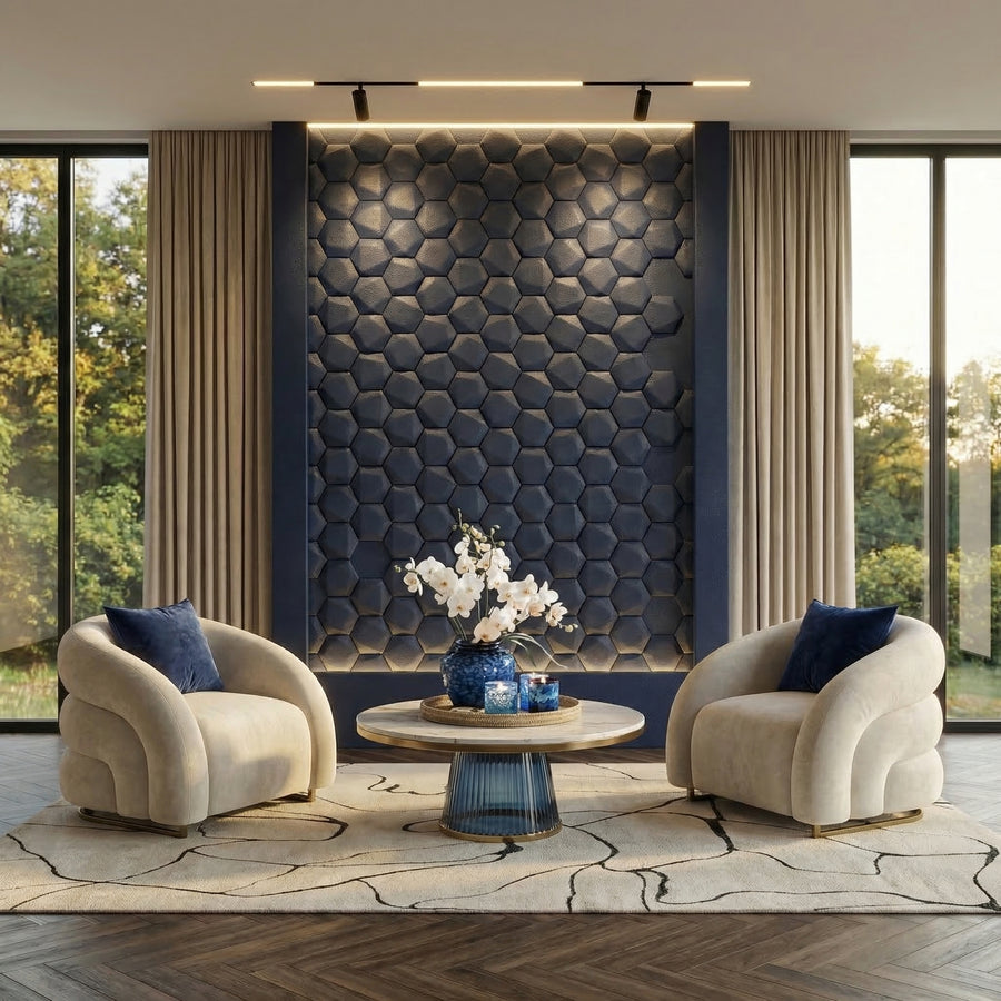 Trapezoid Hexagon 3D Leather Wall Panel in NAVY BLUE