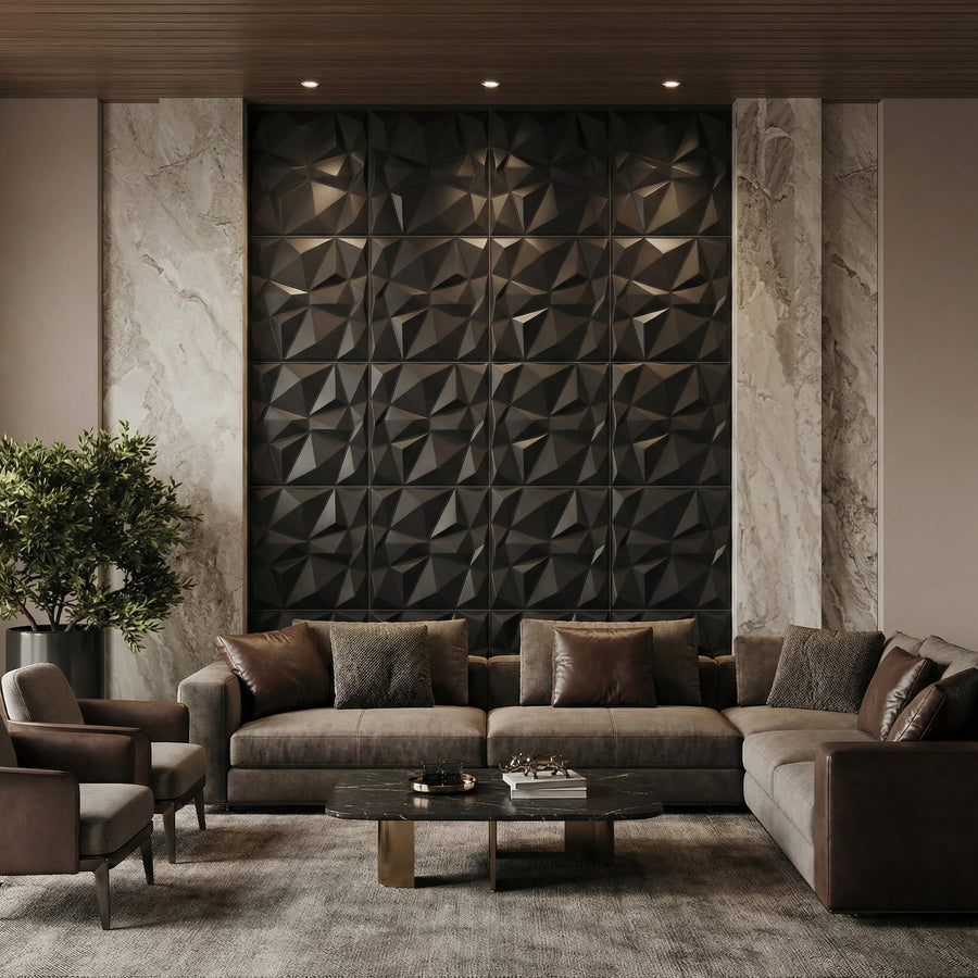 Diamond Fever Square 3D Leather Wall Panel in Black