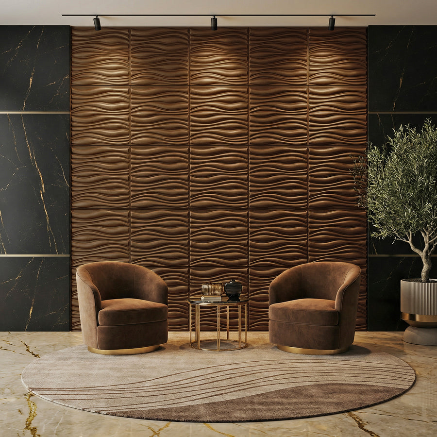 Gnarly Square 3D Leather Wall Panel in Brown