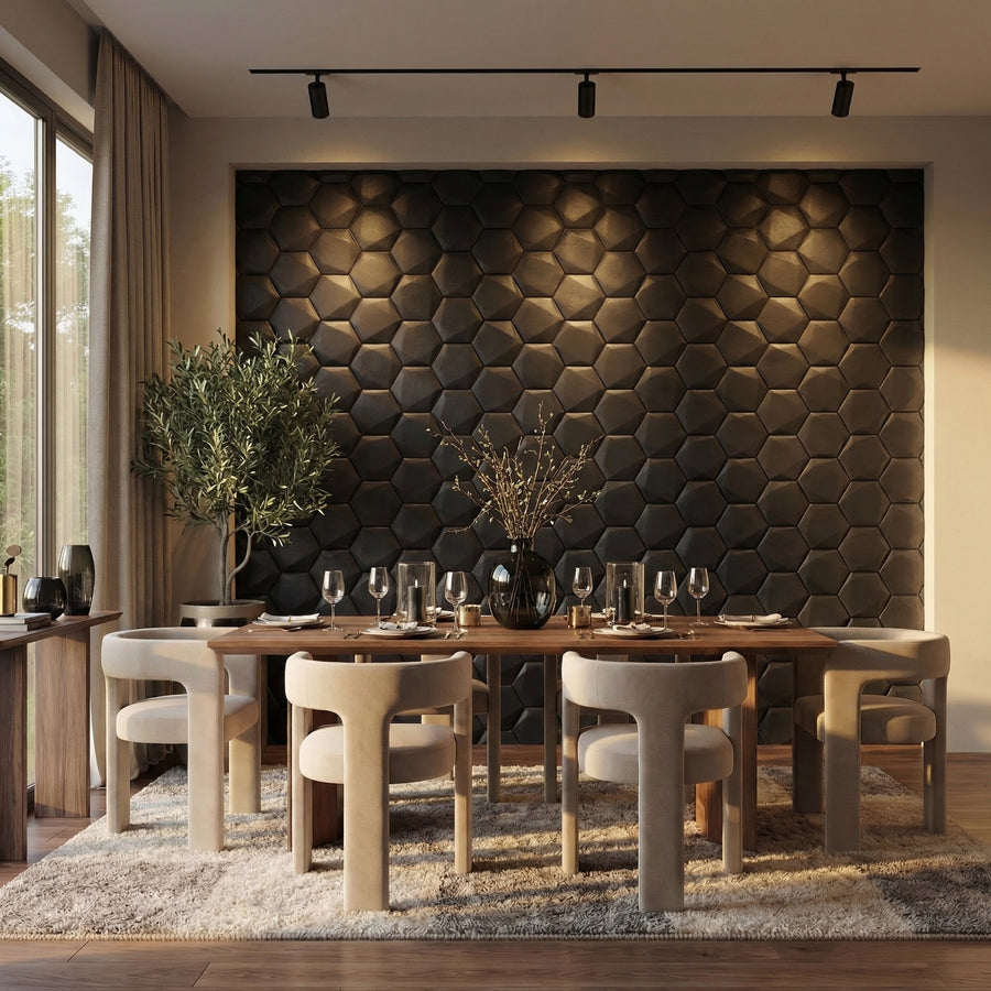 Trapezoid Hexagon 3D Leather Wall Panel in BLACK