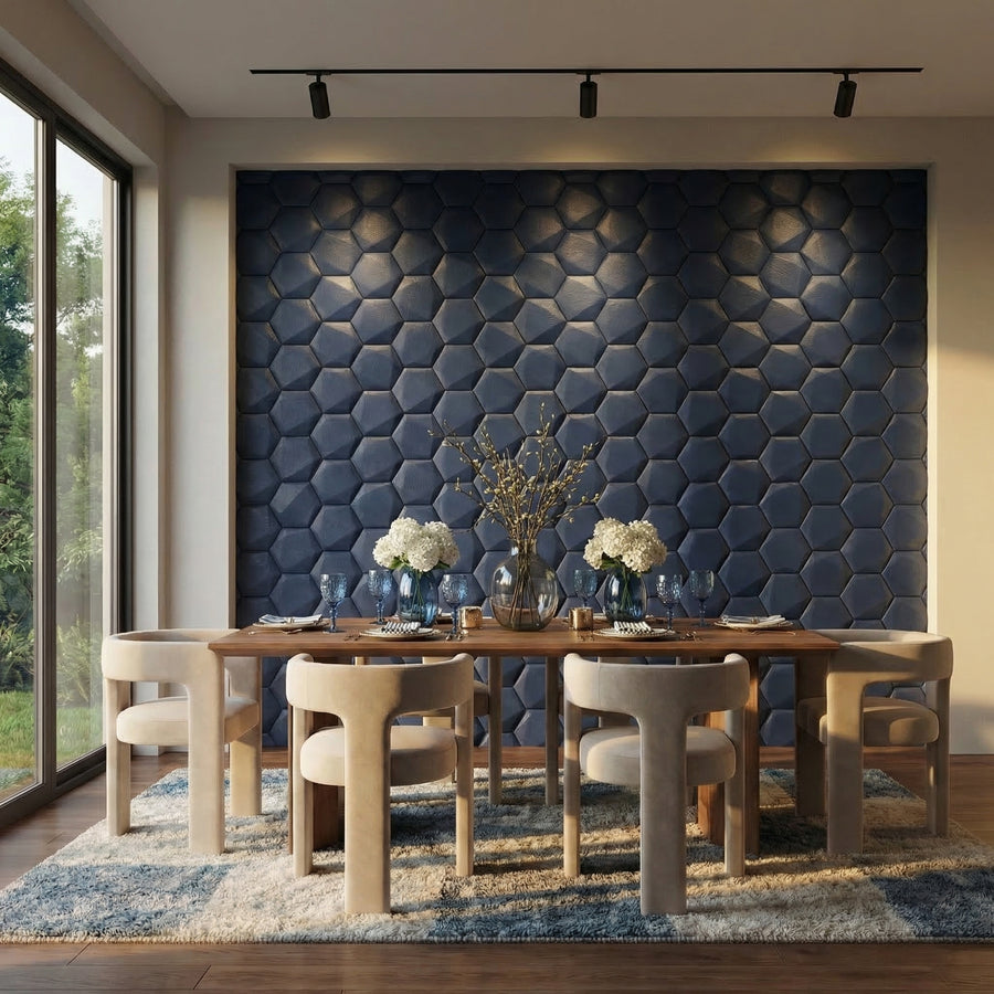Trapezoid Hexagon 3D Leather Wall Panel in NAVY BLUE