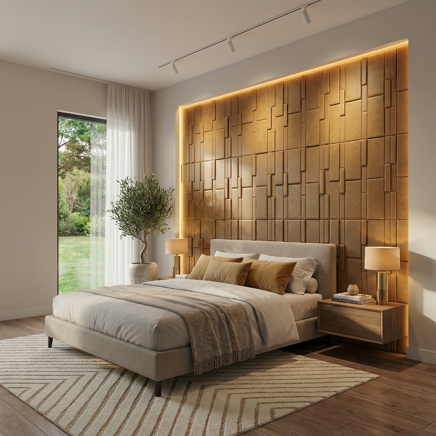 Flux Square 3D Leather Wall Panel in Golden Brown