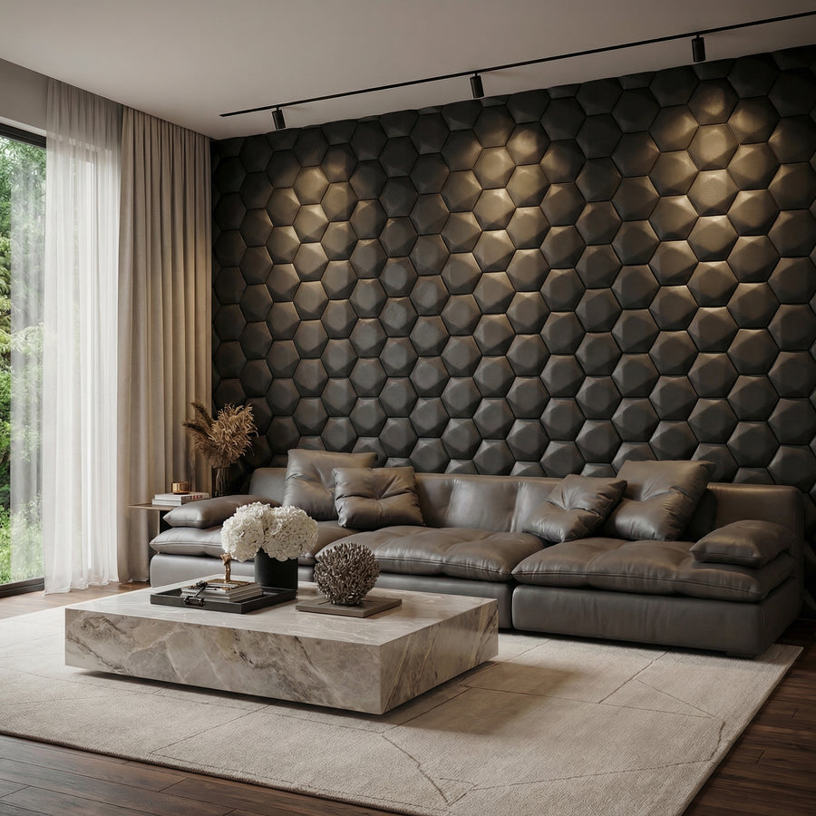 Trapezoid Hexagon 3D Leather Wall Panel in BLACK
