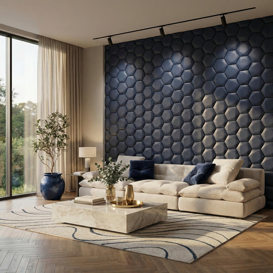 Trapezoid Hexagon 3D Leather Wall Panel in NAVY BLUE