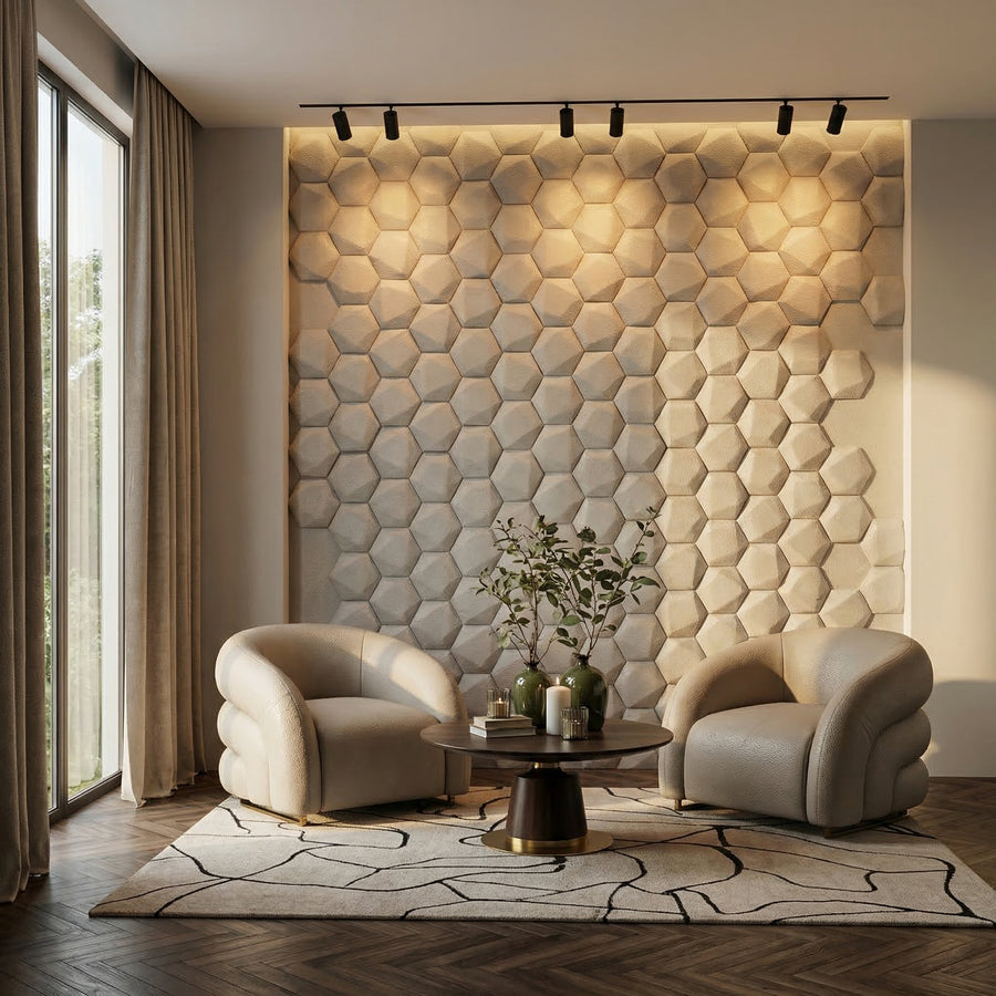 Trapezoid Hexagon 3D Leather Wall Panel in Classic White