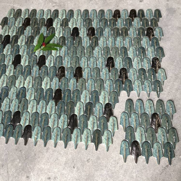 Green Mixed Hues Feather Mosaic Tile