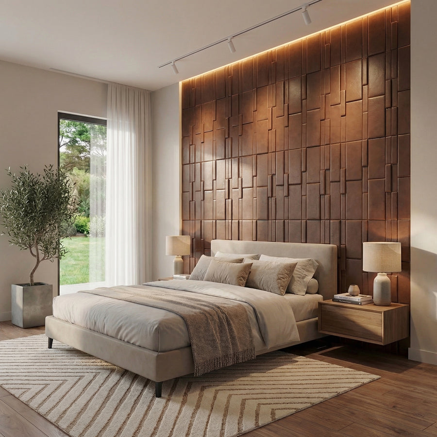 Flux Square 3D Leather Wall Panel in Brown