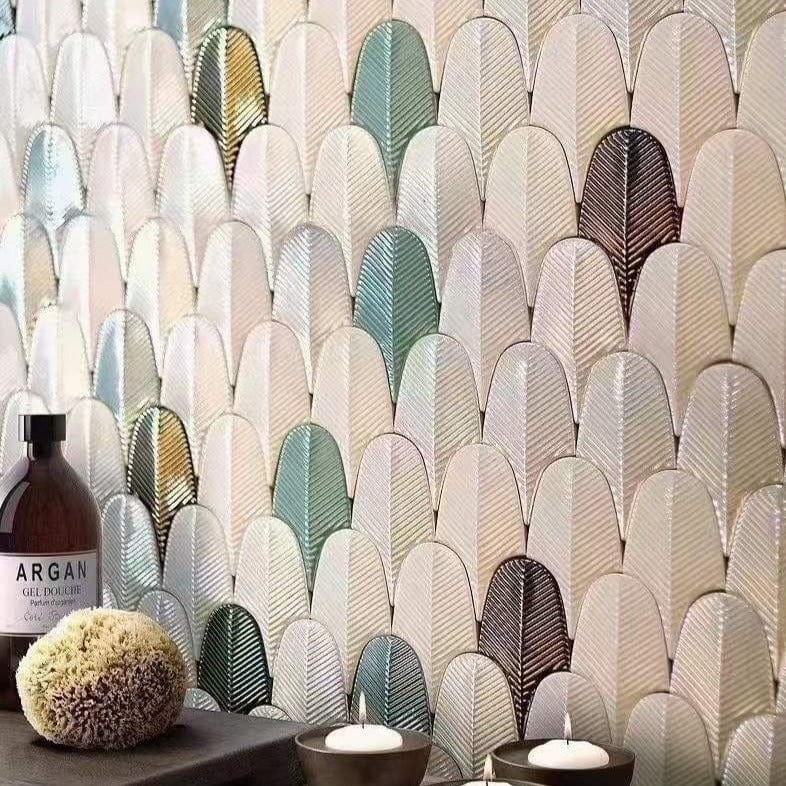 White Multi-Color Feather Mosaic Tile