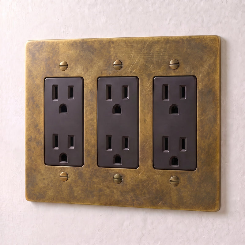 Brass Outlet — 3 Gang · Vintage Brass with Patina