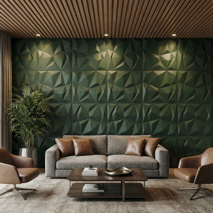 Diamond Fever Square 3D Leather Wall Panel in Forest Green