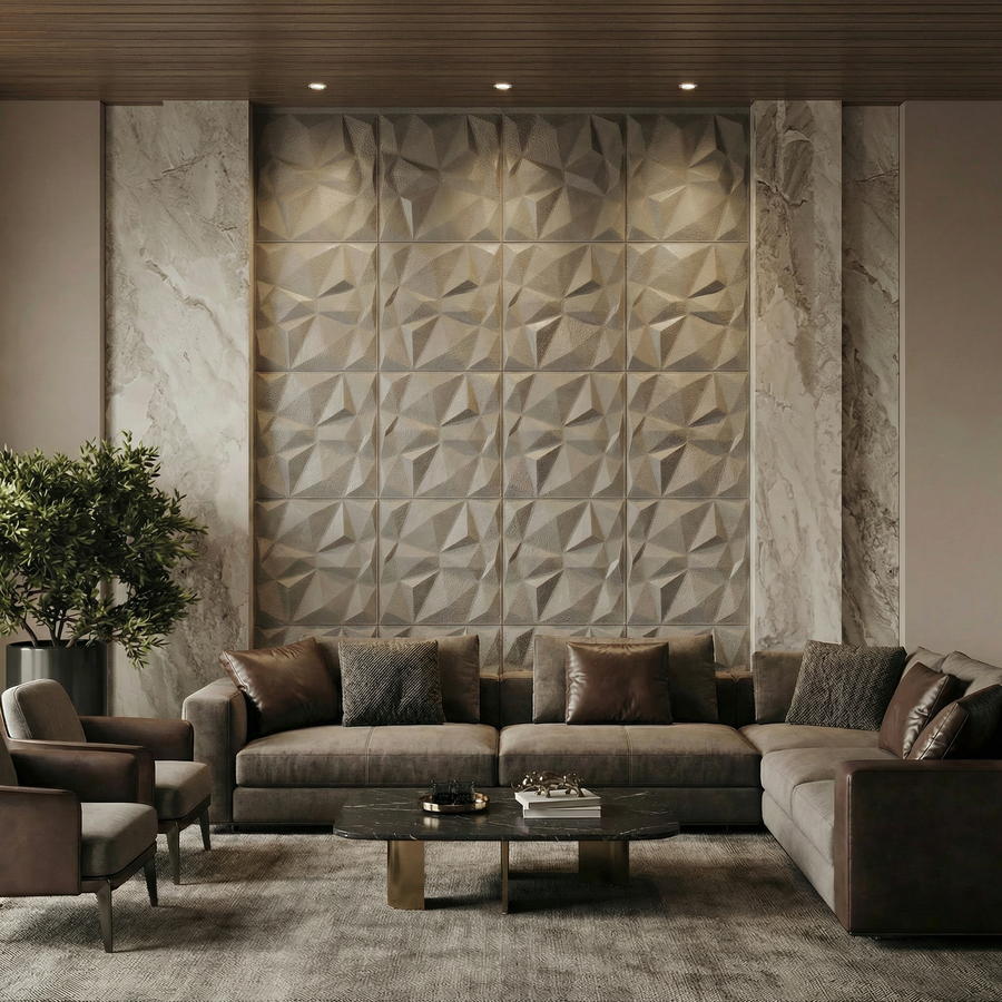 Diamond Fever Square 3D Leather Wall Panel in Classic White
