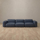 Top Grain Leather::Biscuit Velvet Sofa 3 Seater InkBlue Top Grain Leather