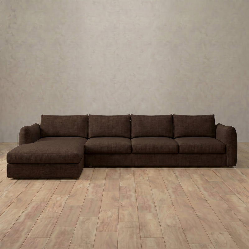 Linen Blend::Contemporary Italian Sofa 4 Seater - Right Facing with Chaise Espresso Linen Blend 8:LB