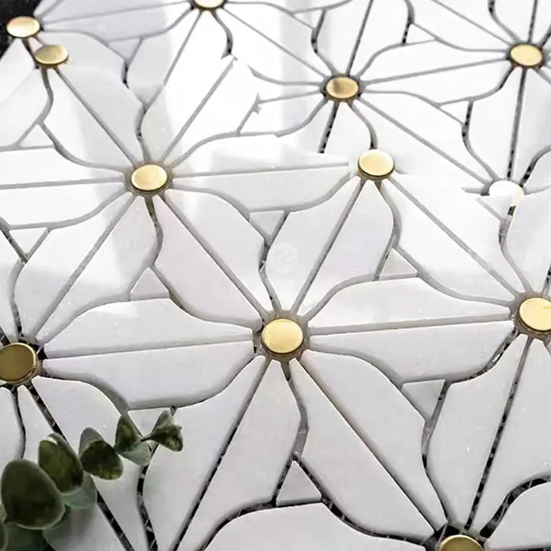 White and Gold Flower Mosaic Tiles