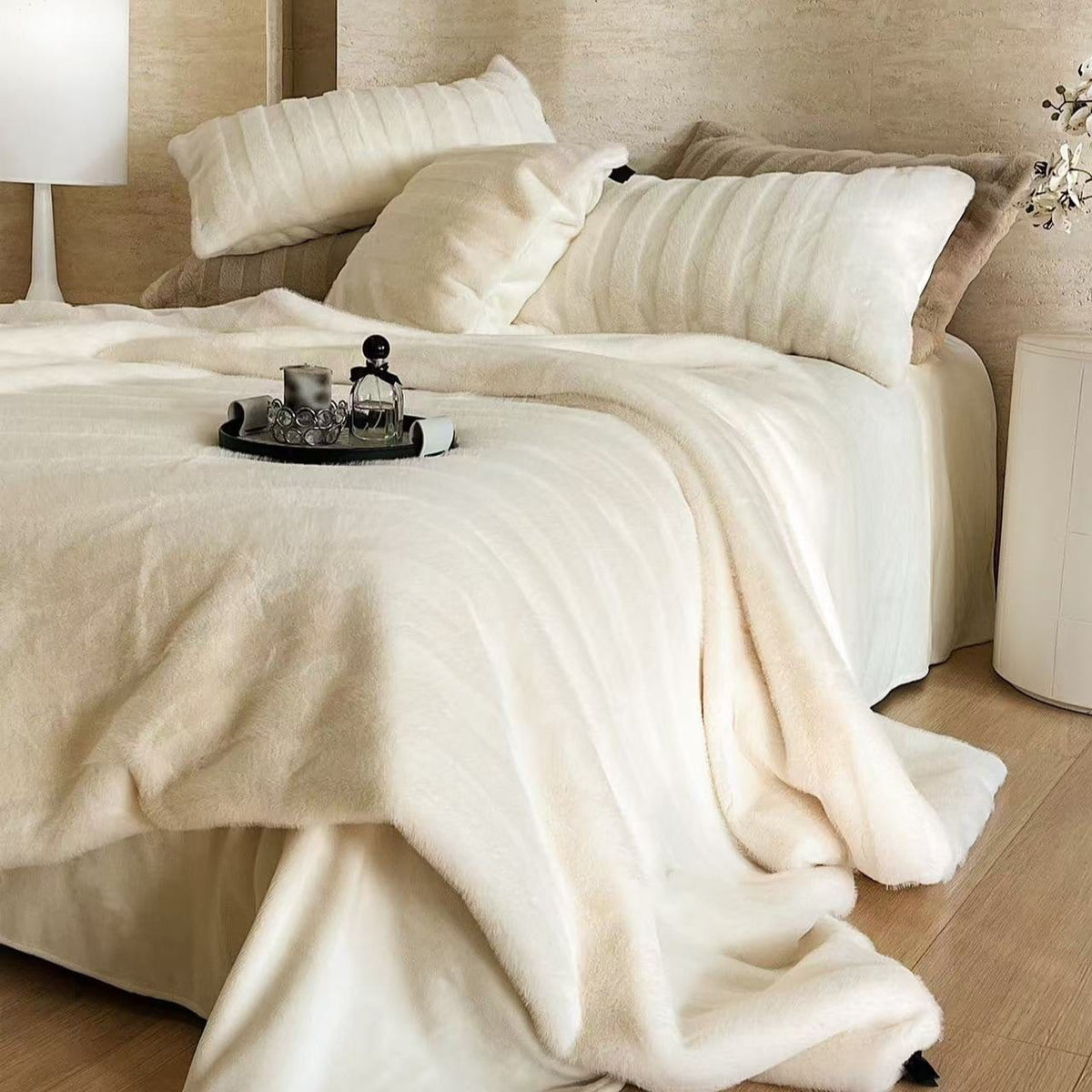 Plush Striped Fur Blanket — lifestyle