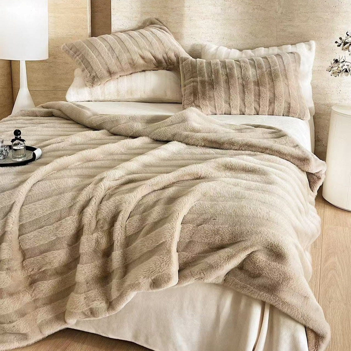 Plush Striped Fur Blanket — lifestyle