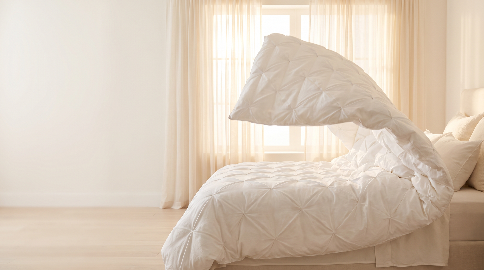 Freshly washed down alternative duvet billowing over a bed, wide