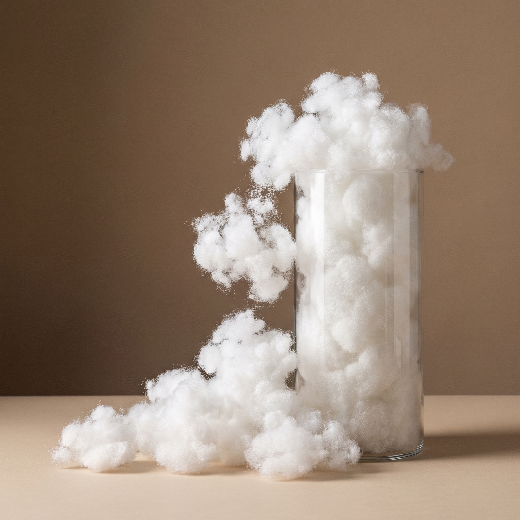 Cloud-like microfiber fill clusters overflowing a glass cylinder