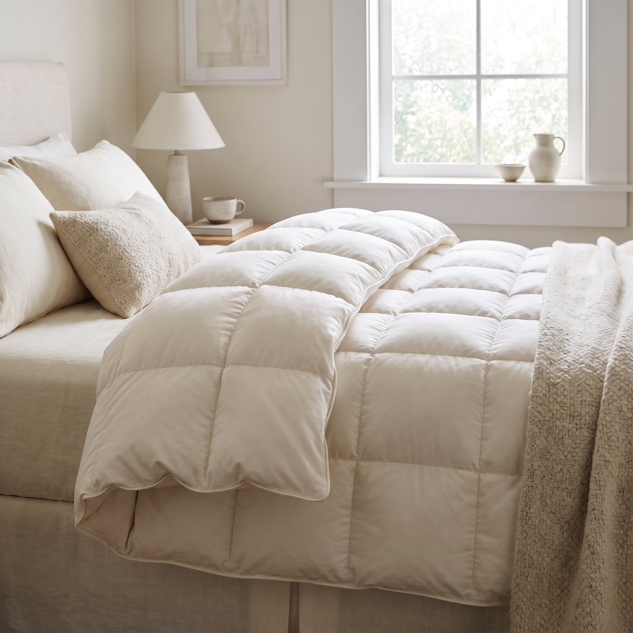 Down alternative duvet corner turned back showing baffle-box loft