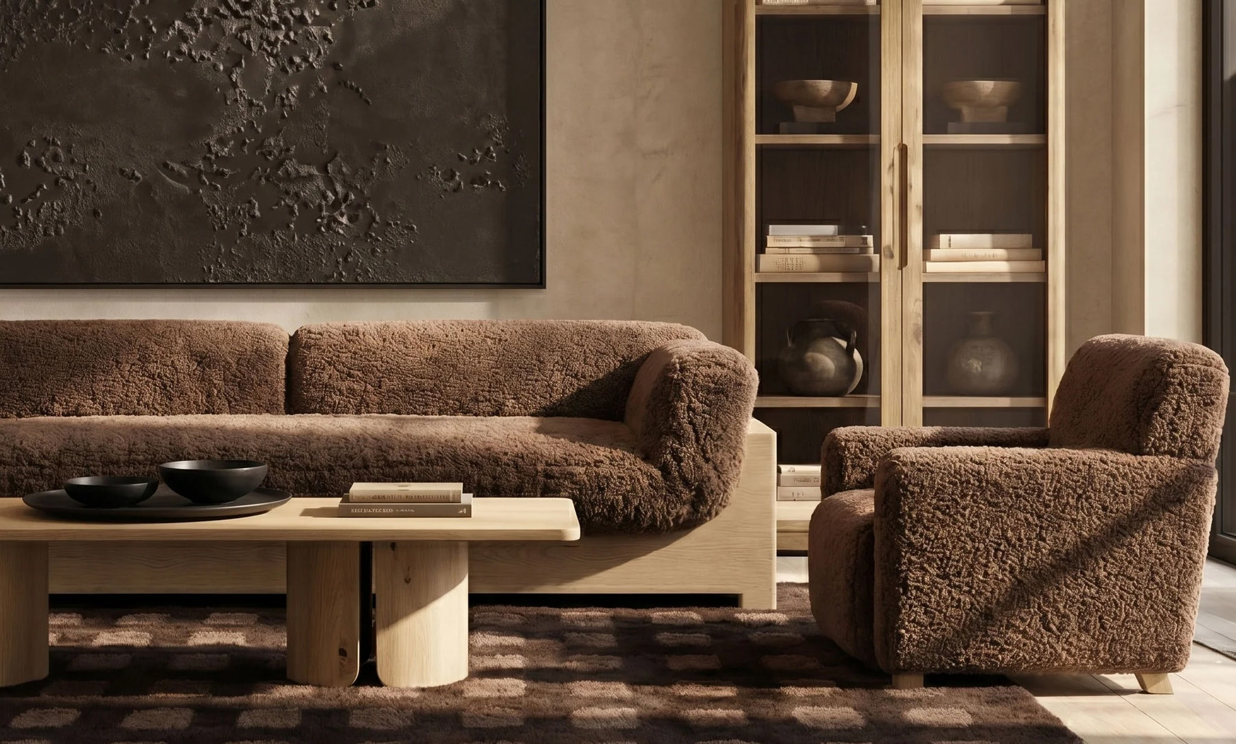The Cove shearling sofa styled in a soft, sunlit living room