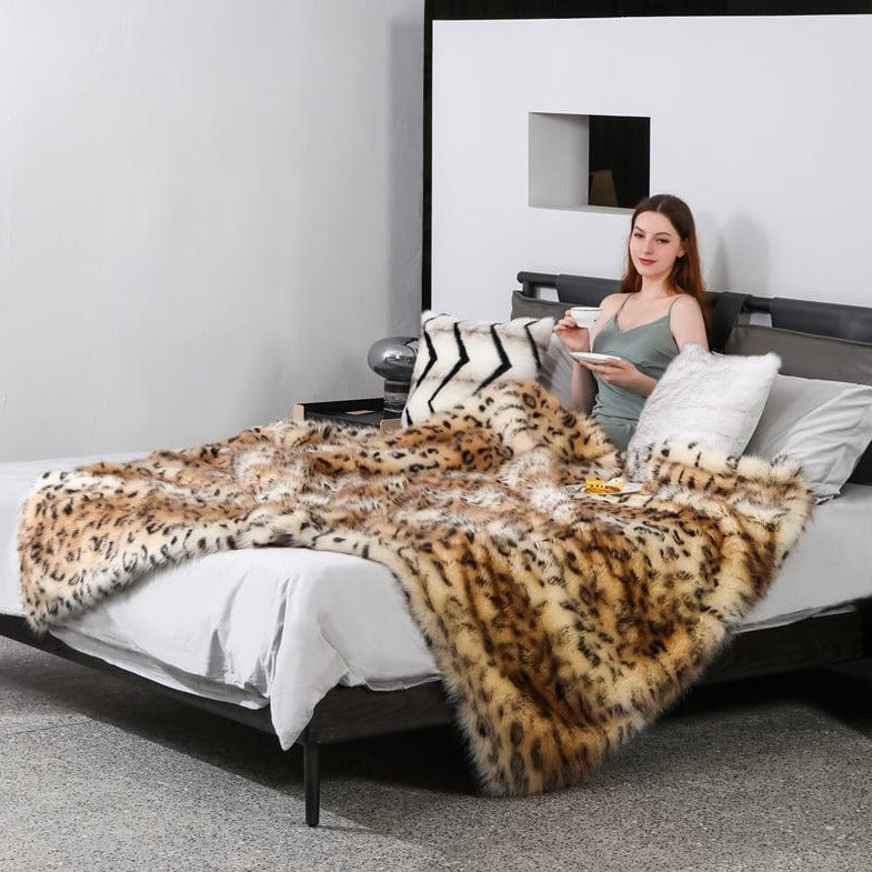 Plush Leopard Faux-Fur Blanket Throw