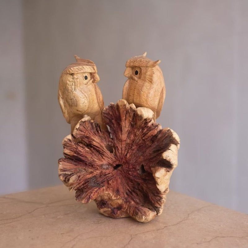 Wooden Couple Owl Sculpture