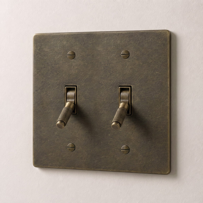 Brass Toggle Switch — 2 Gang · Bronze with Patina