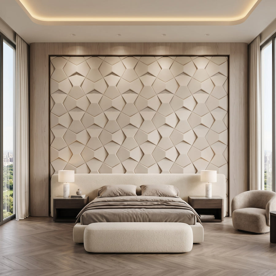 Bowtie Geometric 3D Leather Wall Panel in Beige White