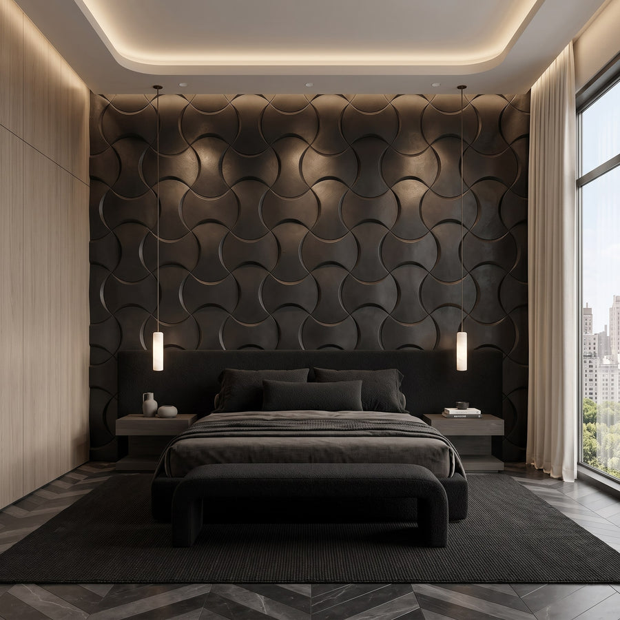Coco Geometric 3D Leather Wall Panel in Black
