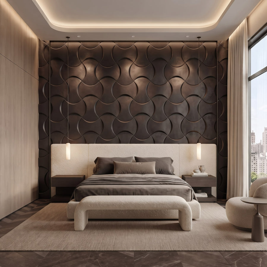Coco Geometric 3D Leather Wall Panel in Dark Brown
