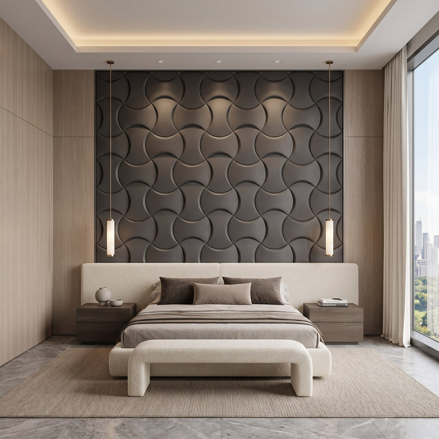 Coco Geometric 3D Leather Wall Panel in Charcoal Grey