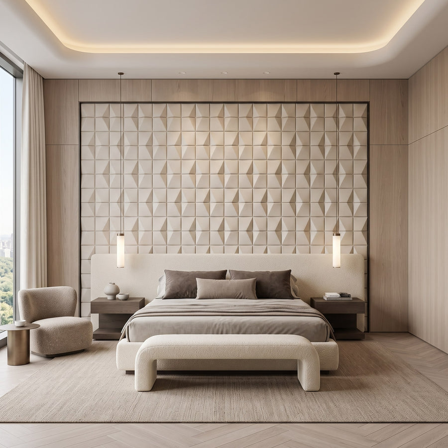 Flawless Square 3D Leather Wall Panel in Beige White