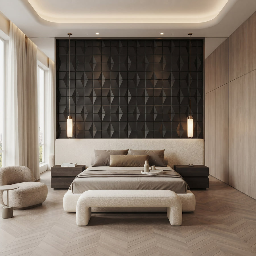 Flawless Square 3D Leather Wall Panel in Black